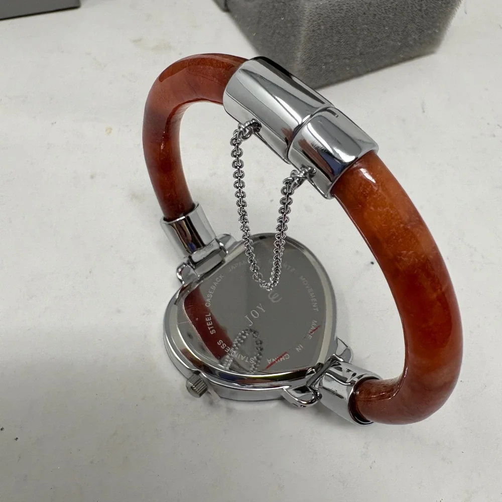 Joy Mangano Bangle Watch Heart Shape Orange Marble Resin